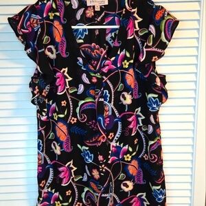 Philosophy Republic Blouse Size M Flutter Short Sleeve Black w Neon Paisley